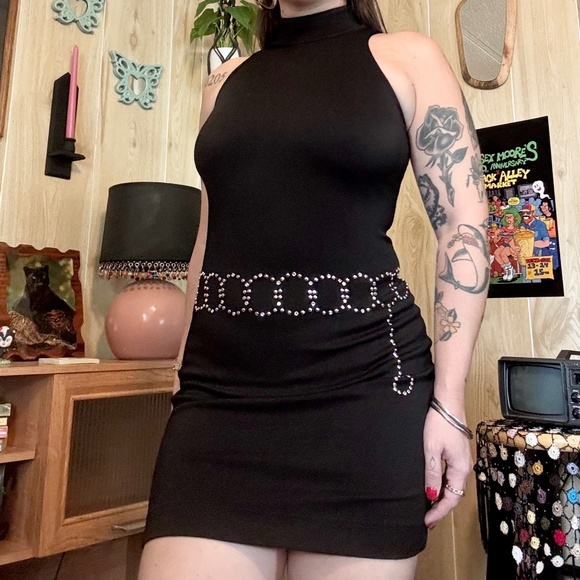 Vintage Women's XSmall Rhinestone Chain Belt Sleeveless Mick Neck Mini Dress - Picture 1 of 11